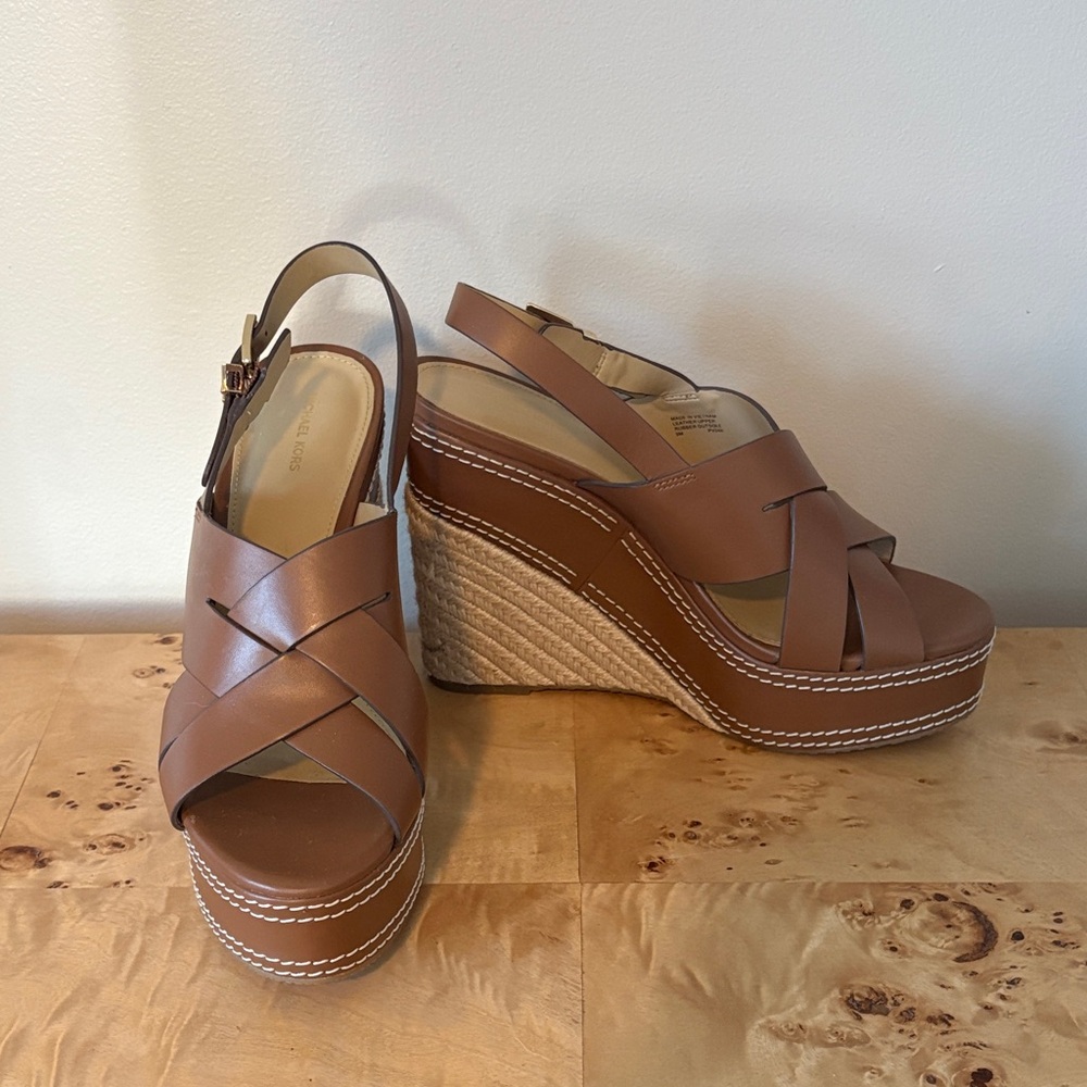 Michael Kors Tan Leather Wedge Sandals Sz 9